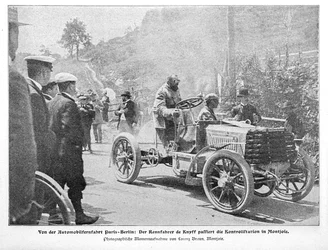 Picture of the Automobile Trip Paris-Berlin. The Racing Driver de Knyff Passes the Control Station in Montjoie